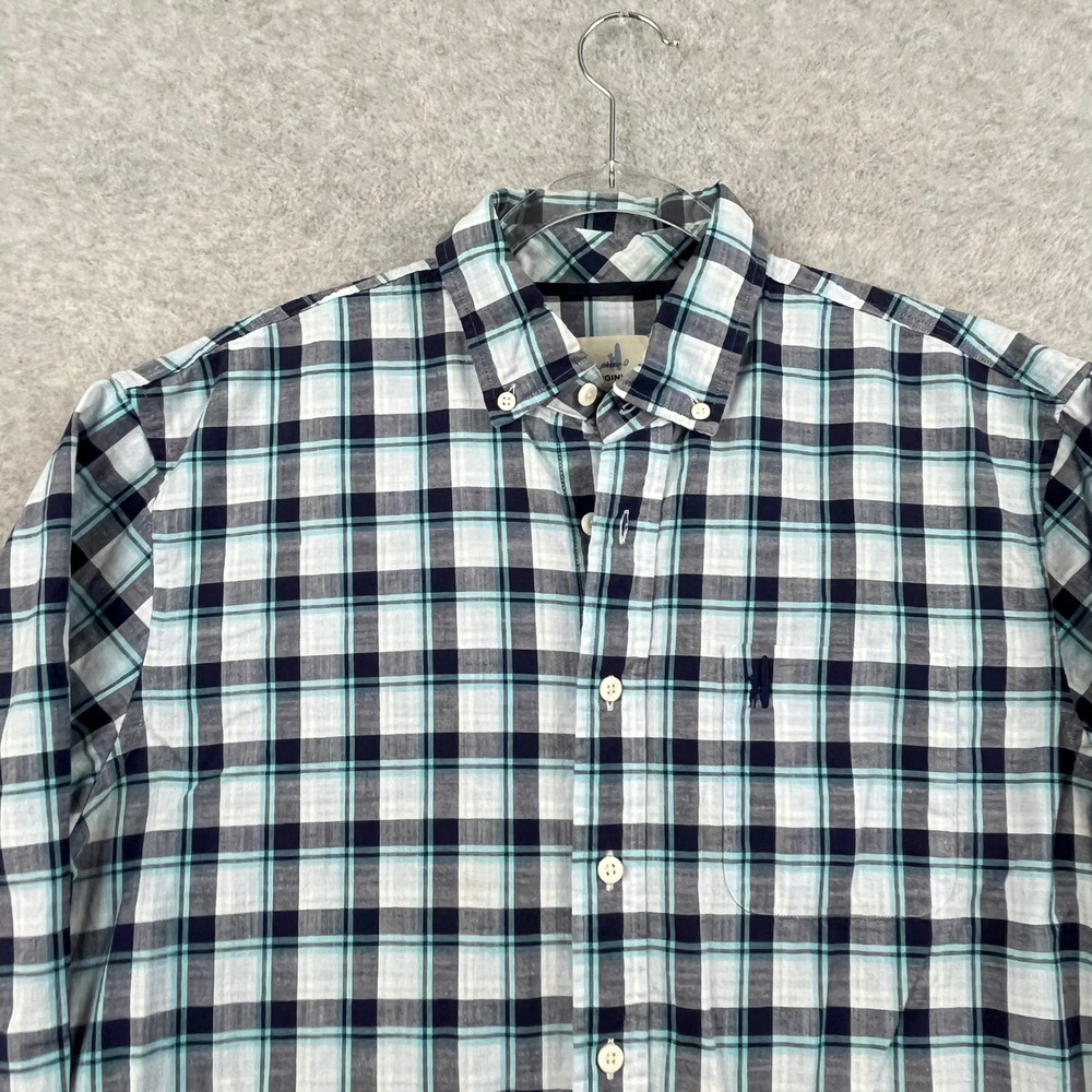 Johnnie O Plaid Blue Green White Plaid Button Shirt Summer Cotton Long Sleeve